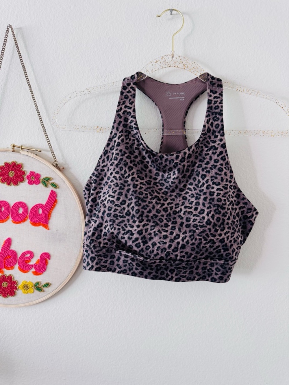 Aerie Offline Leopard Print Racerback Sports Bra - Mauve/Purple